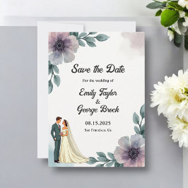 Romantisk vattenfärgstav och Blommigt Bröllop Spara Datumet