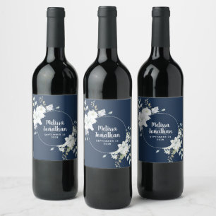 Romantisk vattenfärgsvit blomma bröllop anpassning vinflaska etikett