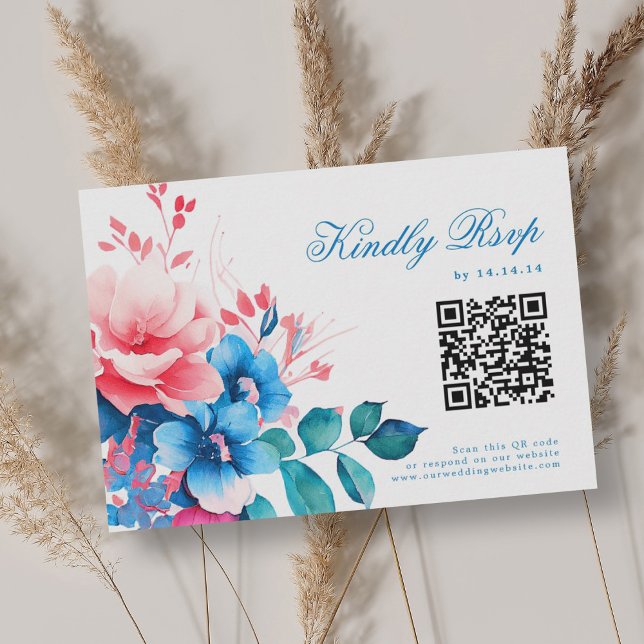 Romantisk Vibrant Blue Blommigt Bröllop OSA QR (Romantic Vibrant Blue Floral Wedding RSVP QR)