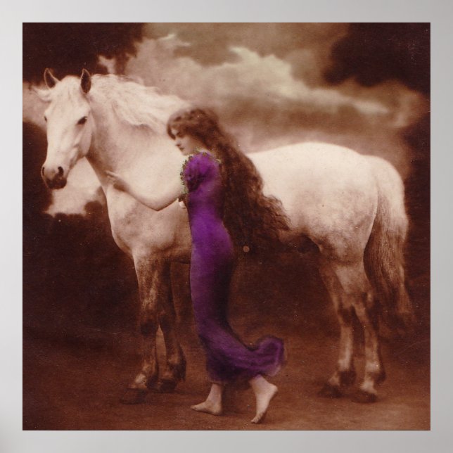 Romantisk Victorian Girl med White Stallion Horse Poster (Framsidan)