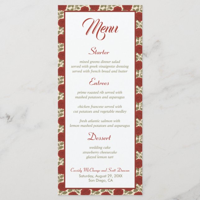 Romantisk Victorian Röd ros Bröllop Menu Meny (Framsida)