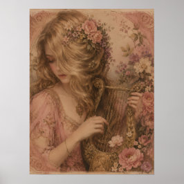 ROMANTISK VIKTORIANSK LYRA-SPELARE BLAND BLOMMOR K POSTER