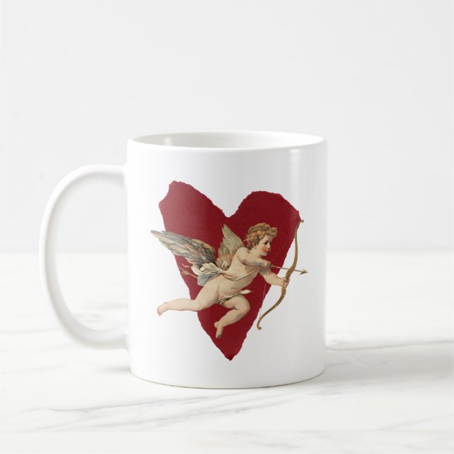 Romantisk vinröd hjärta ängel båge & pil kärlek kaffemugg (Vänster)