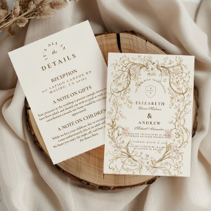 Romantisk Vintage Guld Blommig Ram + Detaljer Inbjudningar