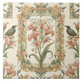 Romantisk Vintage Lilja Fågel Art Nouveau Botanisk Kakelplatta