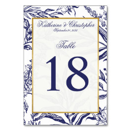 Romantisk Vintage Navy Blue Guld Botanical Bröllop Bordsnummer