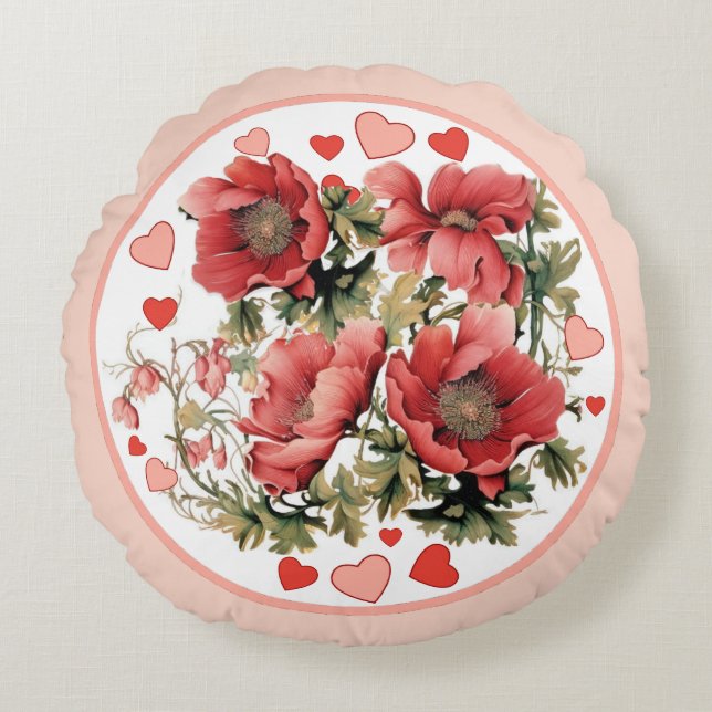 Romantisk Vintage Poppy and Hearts Rund Kudde (Framsidan)