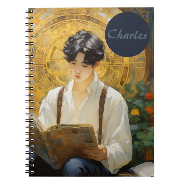 Romantisk Vintage Stil Art of Boy Reading Anteckningsbok (Framsidan)