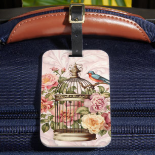 Romantisk Vintage Vattenfärg Blommig Fågelbur Bagagebricka