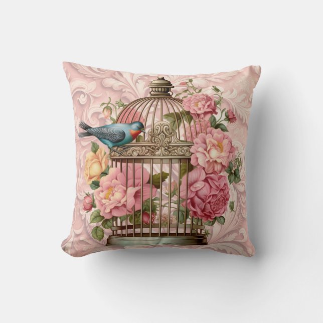 Romantisk Vintage Vattenfärg Blommig Fågelbur Kudde (Framsida)