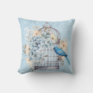 Romantisk Vintage Vattenfärg Blommig Fågelbur Kudde