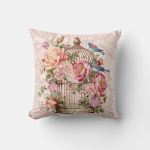 Romantisk Vintage Vattenfärg Blommig Fågelbur Kudde