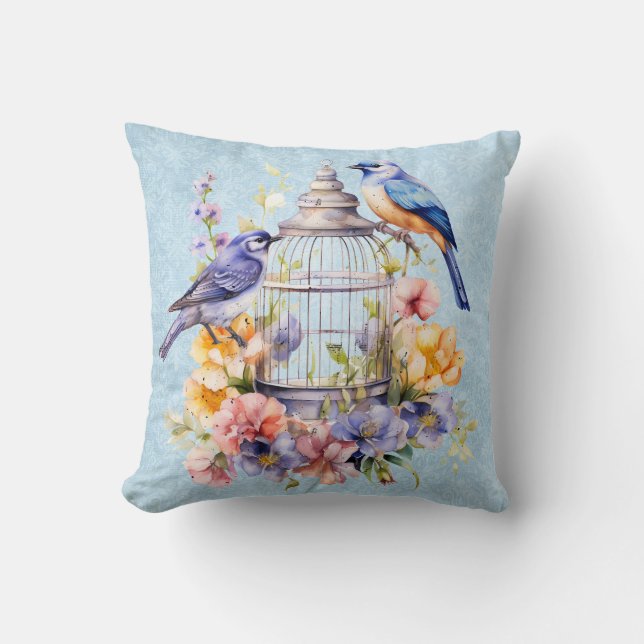 Romantisk Vintage Vattenfärg Blommig Fågelbur Kudde (Framsida)
