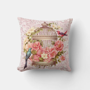 Romantisk Vintage Vattenfärg Blommig Fågelbur Kudde