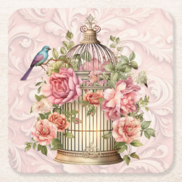Romantisk Vintage Vattenfärg Blommig Fågelbur Underlägg Papper Kvadrat
