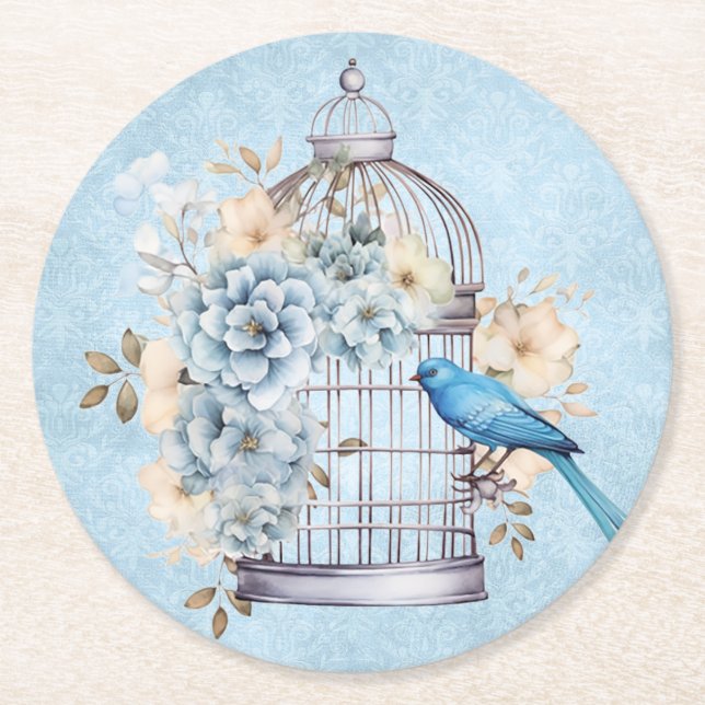 Romantisk Vintage Vattenfärg Blommig Fågelbur Underlägg Papper Rund (Framsidan)