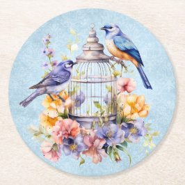 Romantisk Vintage Vattenfärg Blommig Fågelbur Underlägg Papper Rund