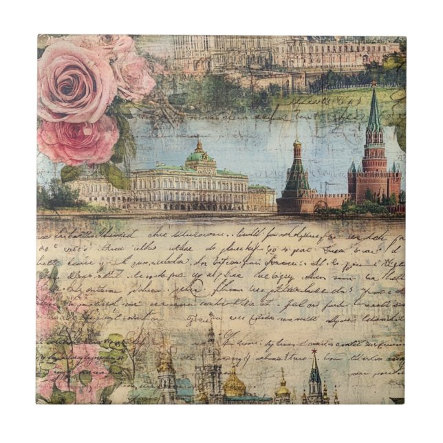 Romantisk Vintagearkitektur & Roser Collagekonst Kakelplatta (Framsidan)