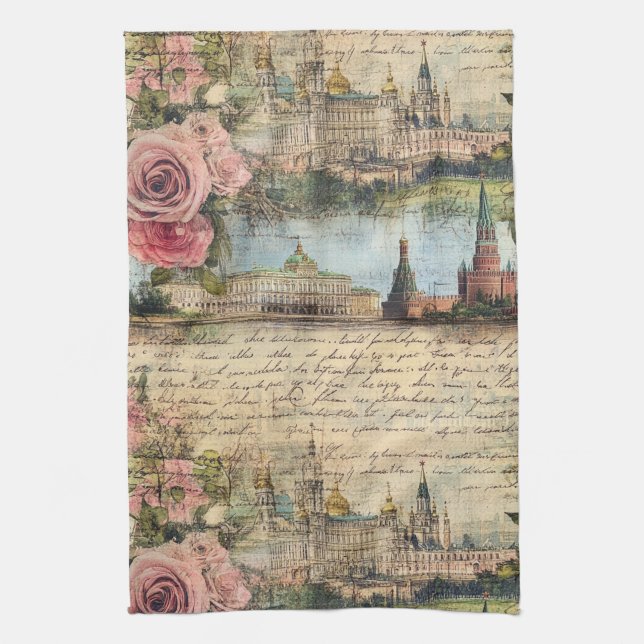 Romantisk Vintagearkitektur & Roser Collagekonst Kökshandduk (Vertikal)