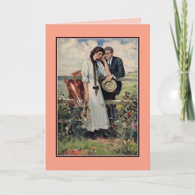 Romantisk vintagepar och hästmålning kort (Framsida)