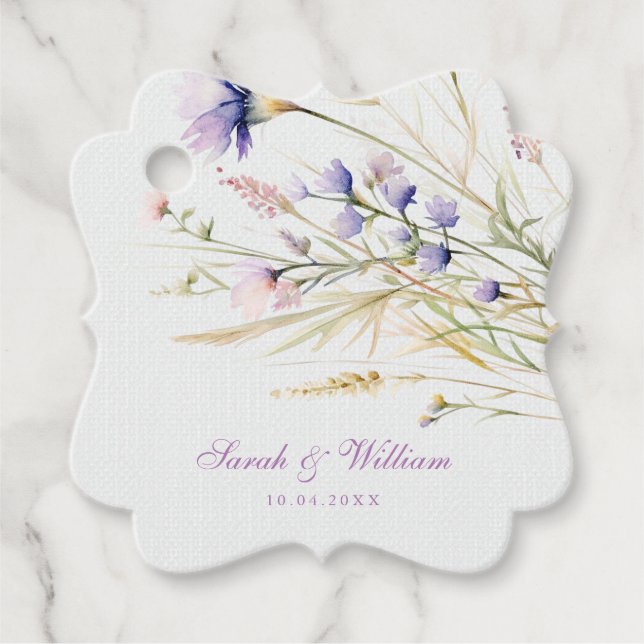 Romantisk violett blommigt bröllopsfavoritMärkre Gåvor Etiketter (Framsida)