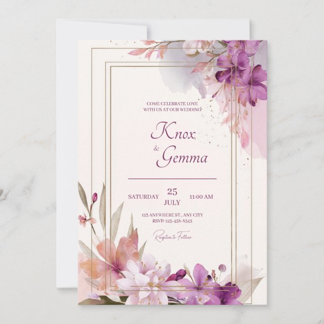 Romantisk Violett Lila Guld Ram Blommig Bröllop Inbjudningar (Framsida)