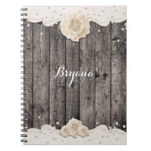 Romantisk vit blomma och pärlgrus Rustic Wood Bröl Anteckningsbok