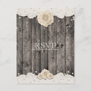 Romantisk vit blomma & pärlor rustik trä RSVP Inbjudan Vykort