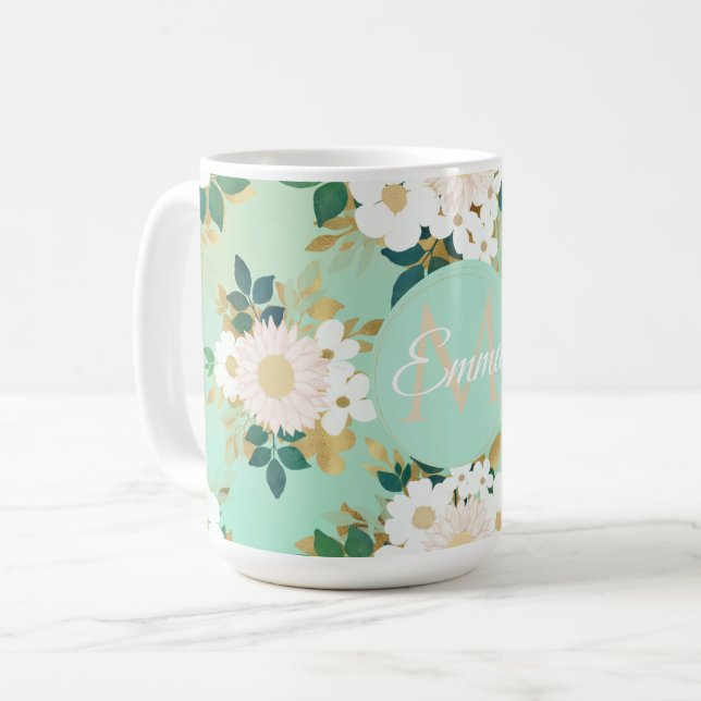 Romantisk vit blommor Mint Watercolor Design Kaffemugg (Framsida vänster)
