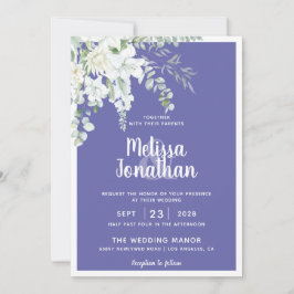 Romantisk vit mjuk blomma lila foto bröllop inbjudningar