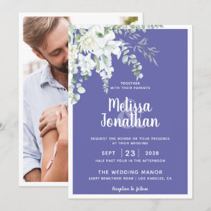 Romantisk vit mjuk blomma lila foto bröllop inbjudningar