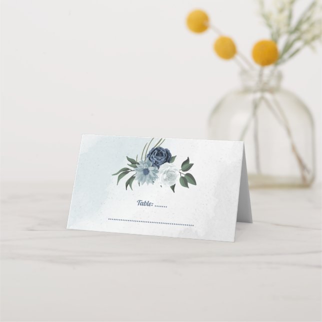 romantisk vit och blå blommigt grön placeringskort (Framsida)