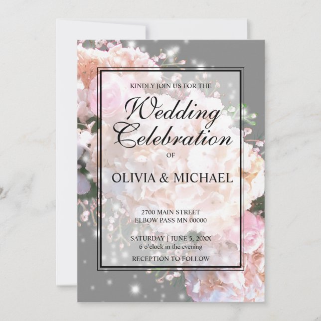 Romantisk vit och grått snöre-hydrangeas rosa ros inbjudningar (Framsida)