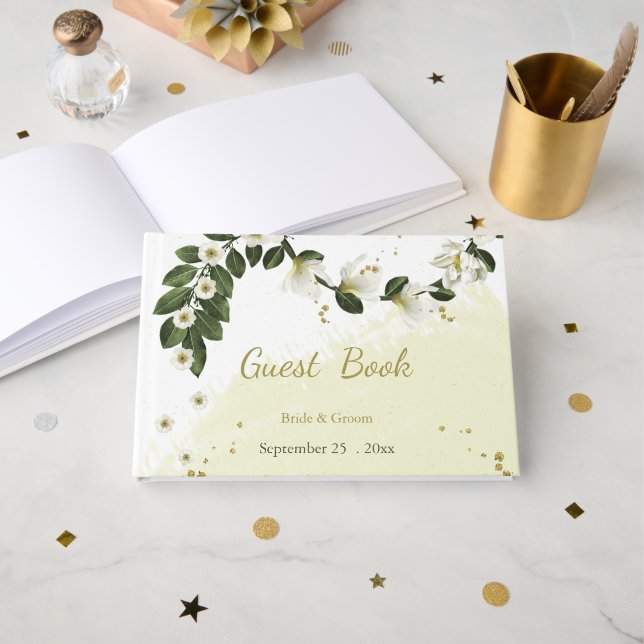 romantisk vit och guld-blommor grön gästböcker (Framsida öppen)