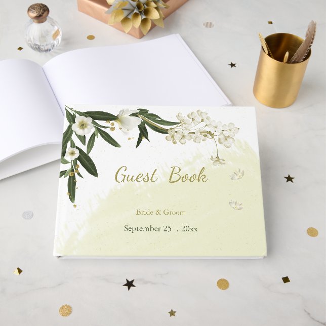 romantisk vit och guld-blommor grön gästböcker (Framsida Öppen)