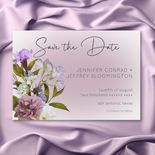 Romantisk vit och Lila Blommigt Modern Bröllop Spara Datumet (Romantic White & Purple Floral Modern Wedding Save The Date)