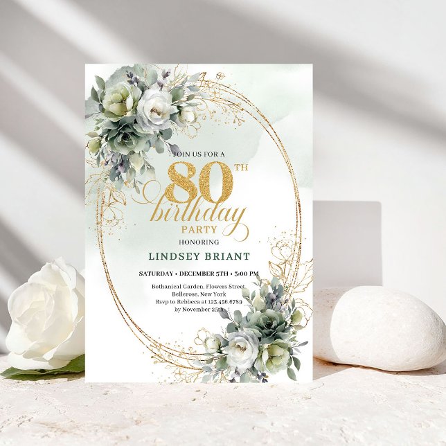 Romantisk vit ros Foliage 80-års födelsedagsinbjud Inbjudningar (Romantic White Roses Foliage 80th Birthday Invite)