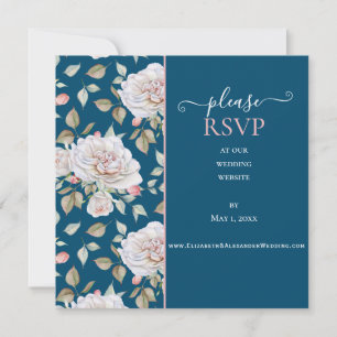 Romantisk vit ros på blå bröllopswebbplats RSVP 