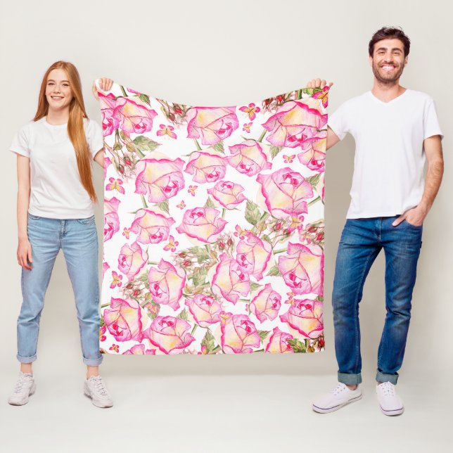 Romantisk vit rosa gul sommar ros blom- fleecefilt (På plats)