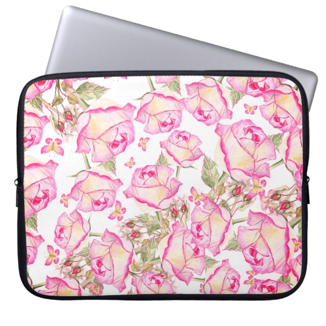 Romantisk vit rosa gul sommar ros blom- laptop fodral (Framsidan)