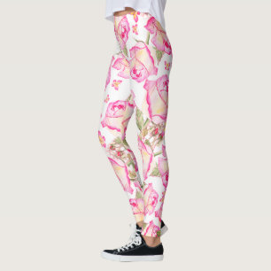 Romantisk vit rosa gul sommar ros blom- leggings