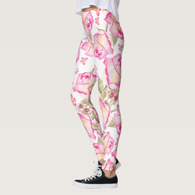 Romantisk vit rosa gul sommar ros blom- leggings (Vänster)