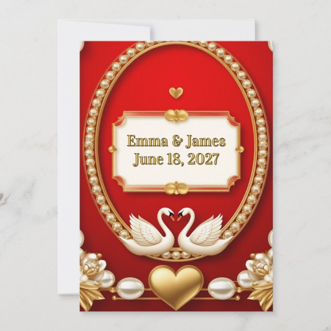 ✨ Romantisk vit svan röd guld bröllop 💖 Inbjudningar (Framsida)