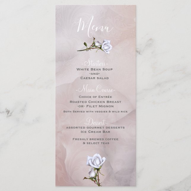 Romantisk Vita Rosor Elegant Glamör Bröllopsmeny Meny (Framsida)