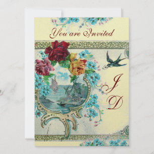ROMANTISK VITE BLUE BLOMMIGT BRÖLLOP MONOGRAM INBJUDNINGAR