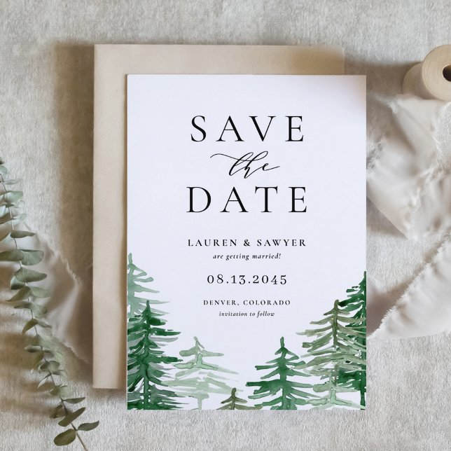 Romantisk Watercolor Woodland Forest Spara Datumet (Customizable woodland save the date announcement featuring watercolor forest scenery)