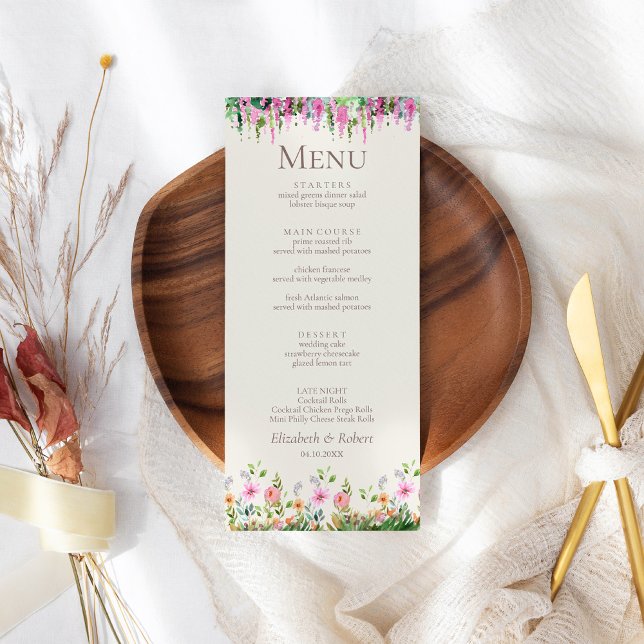Romantiska Acacia och Wildblommor Bröllop Menu Meny (Romantic Acacia and Wildflowers Wedding Menu on a boho wedding table.)