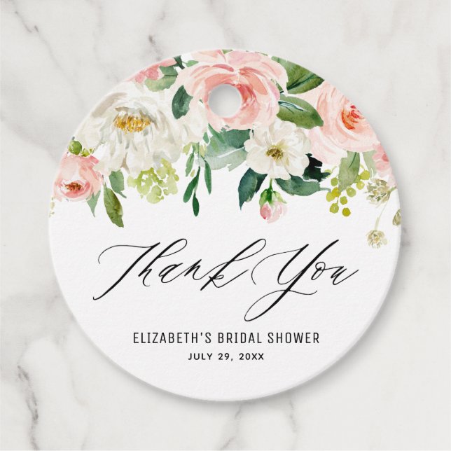 Romantiska akvarell rosa persiko blomster tack gåvor etiketter (Framsida)