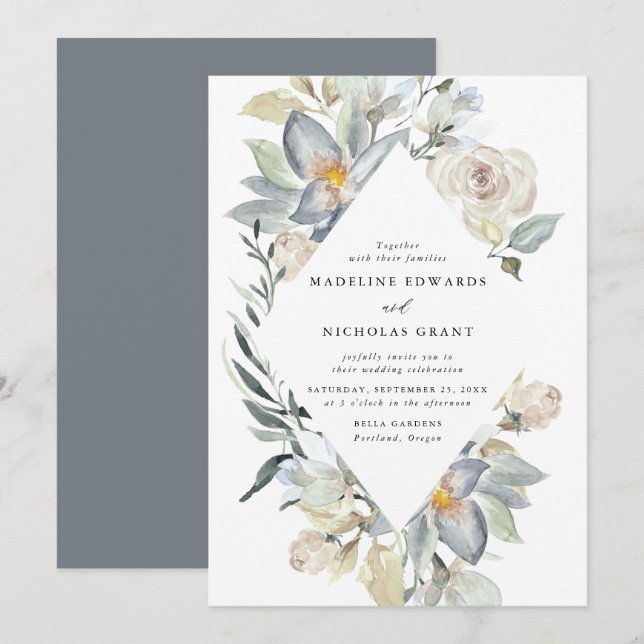 Romantiska akvarell vita och blå blommande bröllop inbjudningar (Fram/baksida)