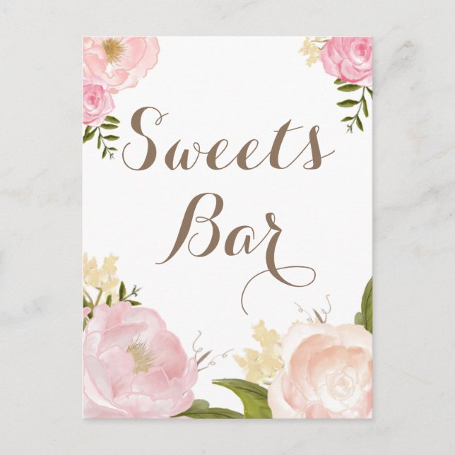 Romantiska akvarellblommor Godis Bar Party skylt Inbjudan Vykort (Framsida)